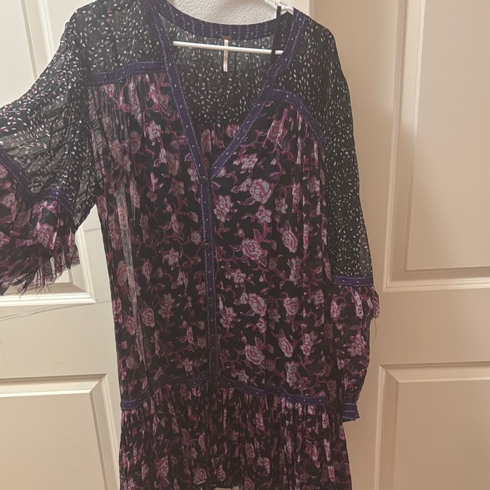 Free People Black and Purple Ruffled V-Neck Sundress
